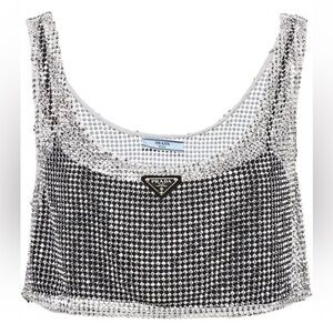 Prada Rhinestone Embellished Crystal Strass Silver Black Logo Vest Top Shirt 36